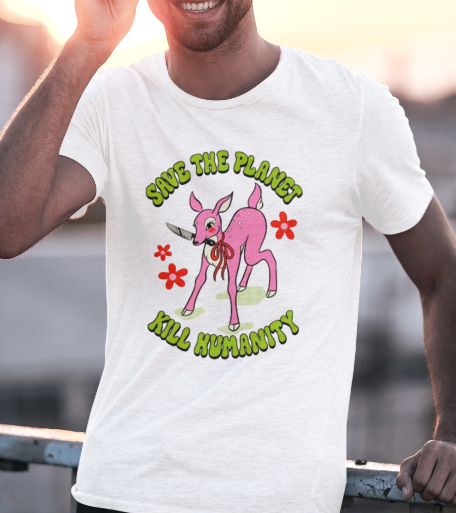 Tragicgirlsco Save The Planet Kill Humanity Pink Deer Floral T-Shirt