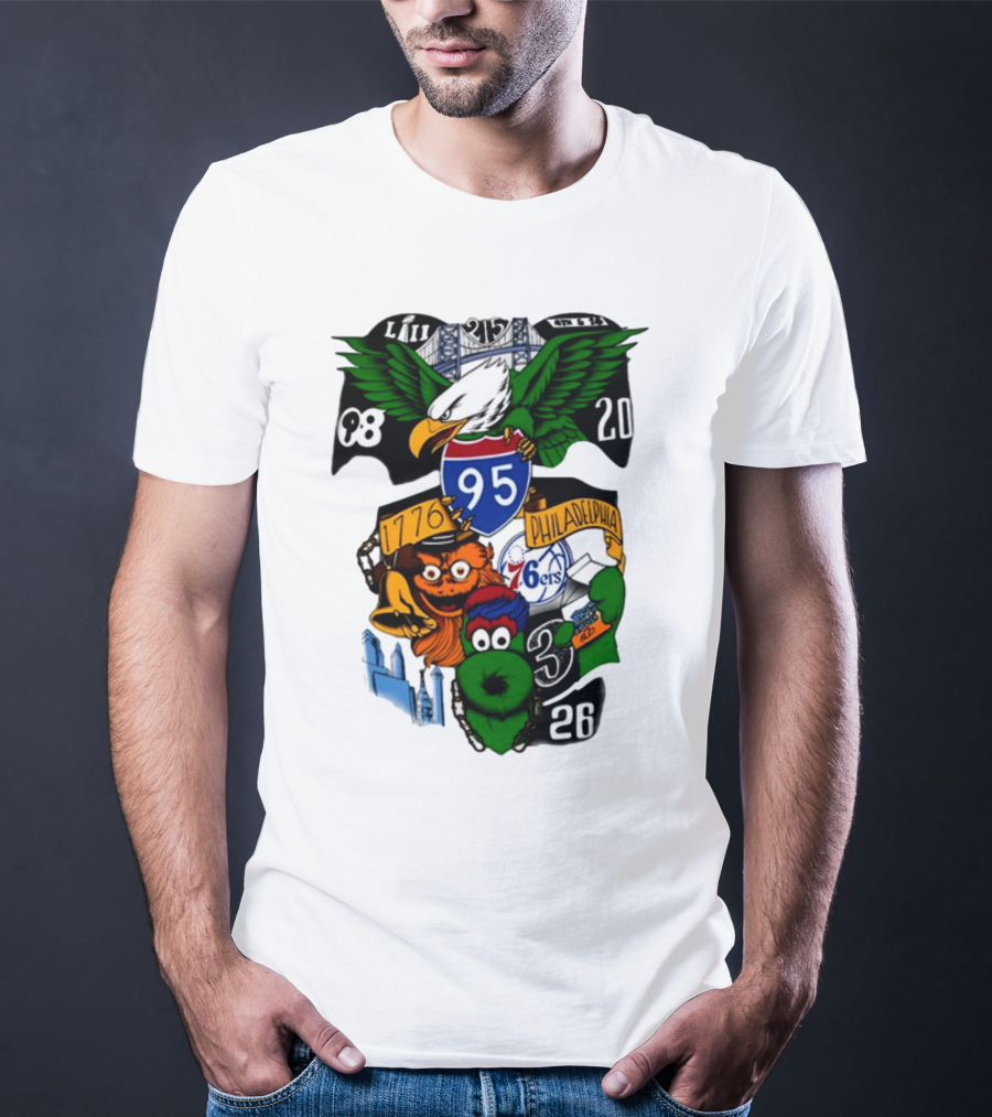 Philadelphia 215 Eagles 76ers 95 Gritty Fanatic 1776 98 26 20 Skyline LIII T-Shirt