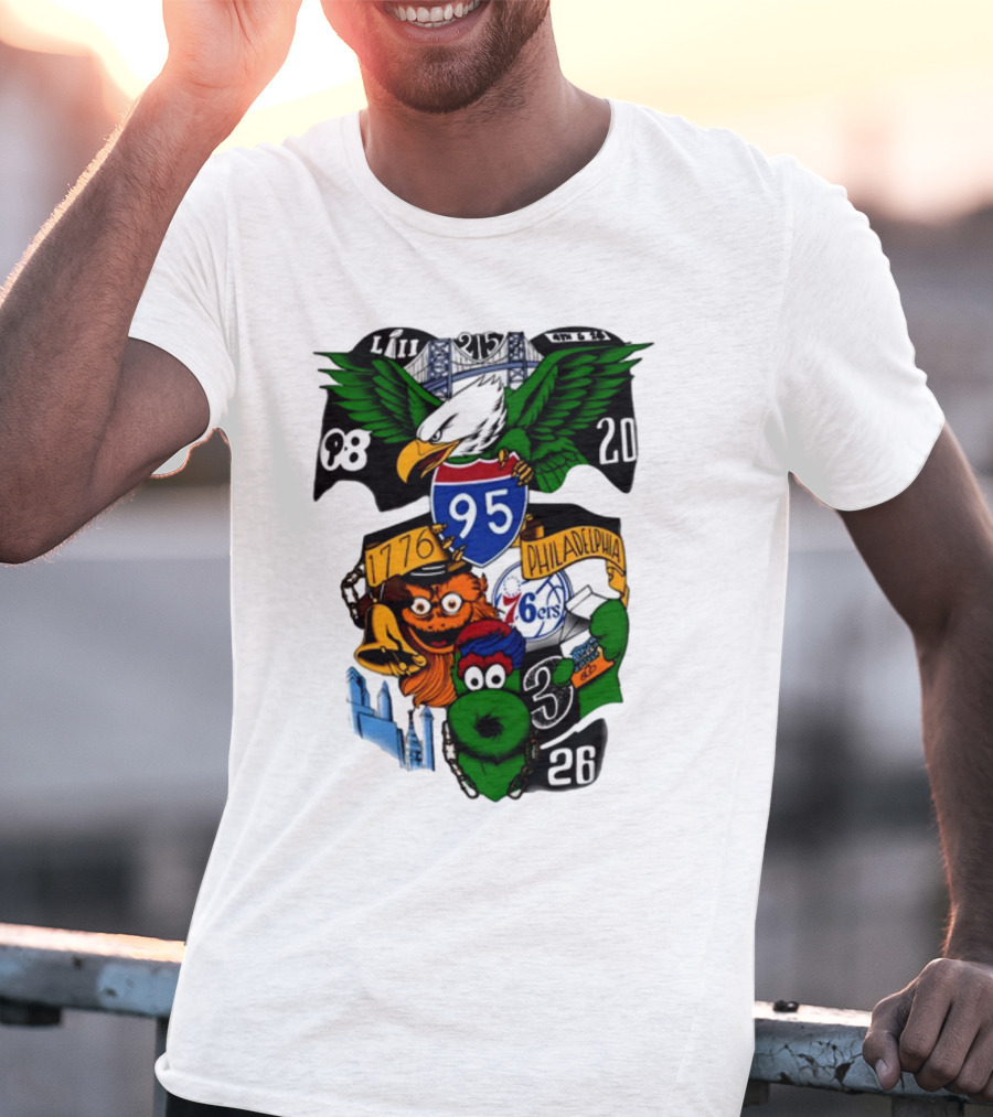 Philadelphia 215 Eagles 76ers 95 Gritty Fanatic 1776 98 26 20 Skyline LIII T-Shirt