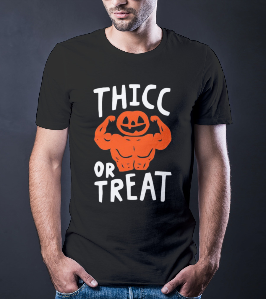 Thicc Or Treats Pumpkin Flexing Muscles T-Shirt