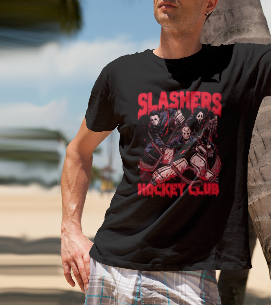 Slashers Hockey Club Horror Icons With Masks And Sticks T-Shirt