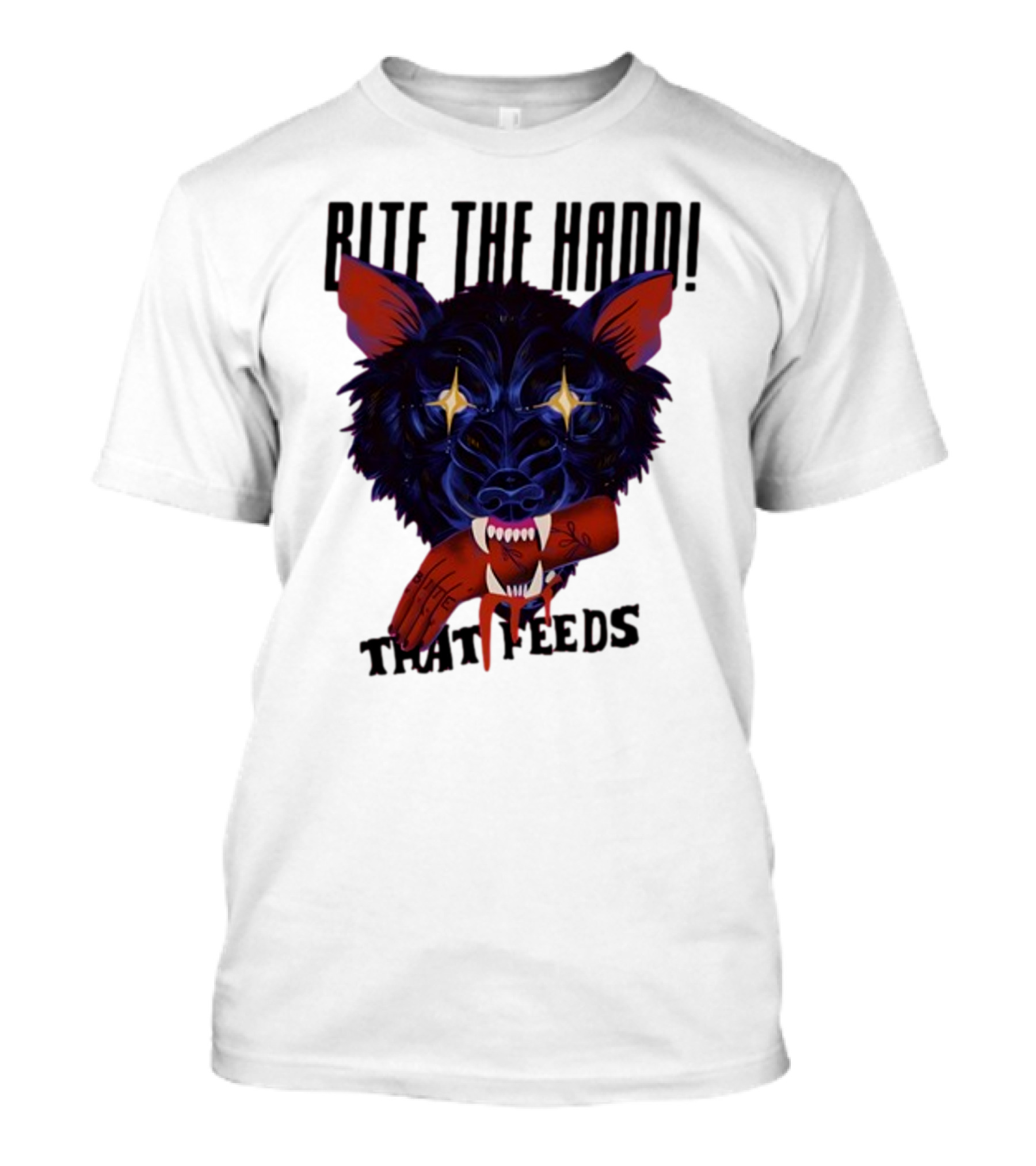 Galactixy Bite The Hand That Feeds Wolf With Glowing Eyes Holding Severed Hand T-Shirt
