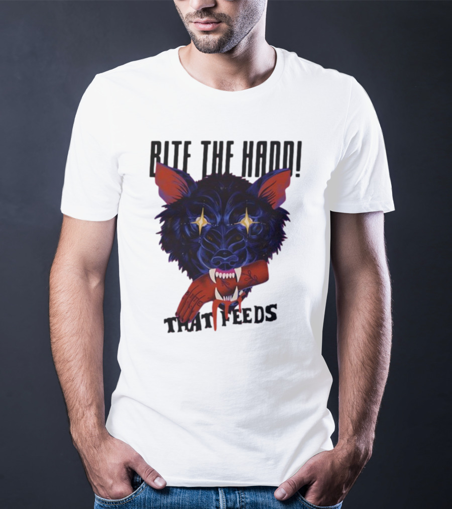 Galactixy Bite The Hand That Feeds Wolf With Glowing Eyes Holding Severed Hand T-Shirt