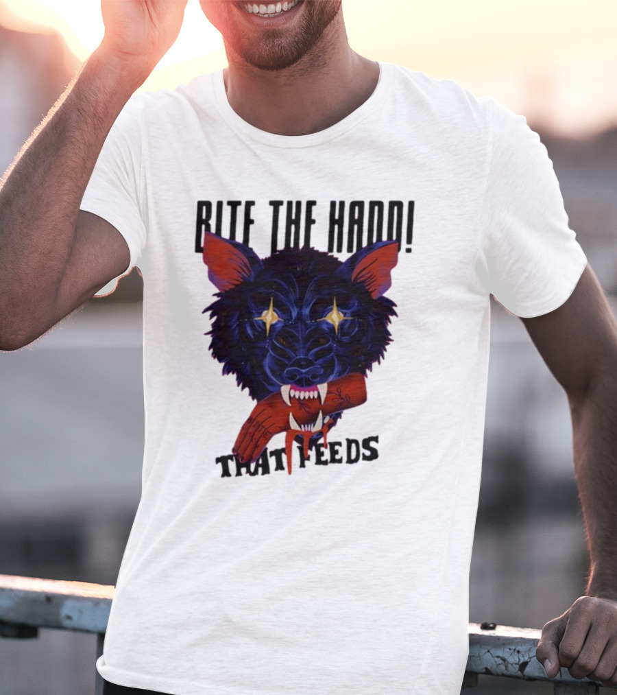 Galactixy Bite The Hand That Feeds Wolf With Glowing Eyes Holding Severed Hand T-Shirt