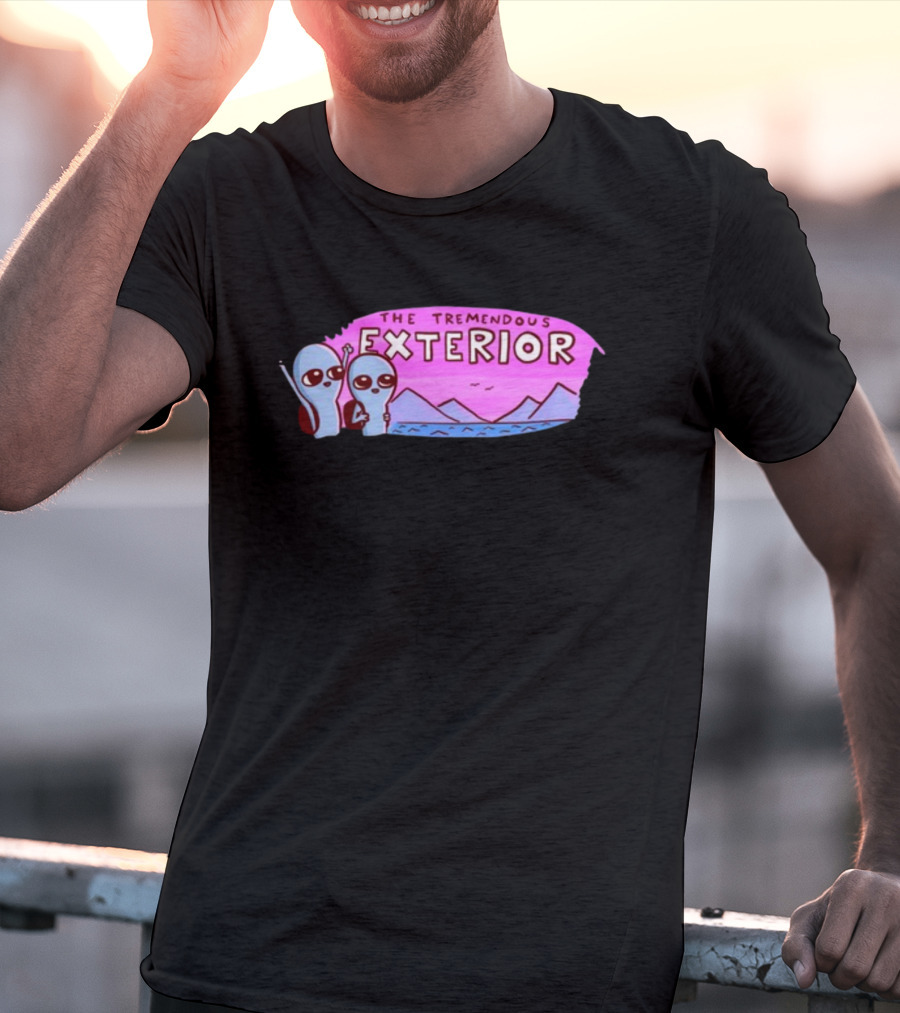Strange Planet The Tremendous Exterior Alien Characters With Mountains And Pink Sky Scene T-Shirt