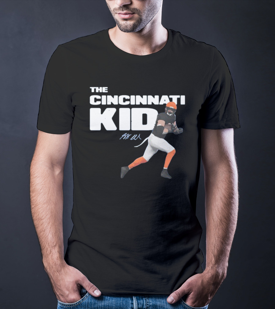 The Cincinnati Kid Football Player Graphic With Signature In Orange And Black T-Shirt