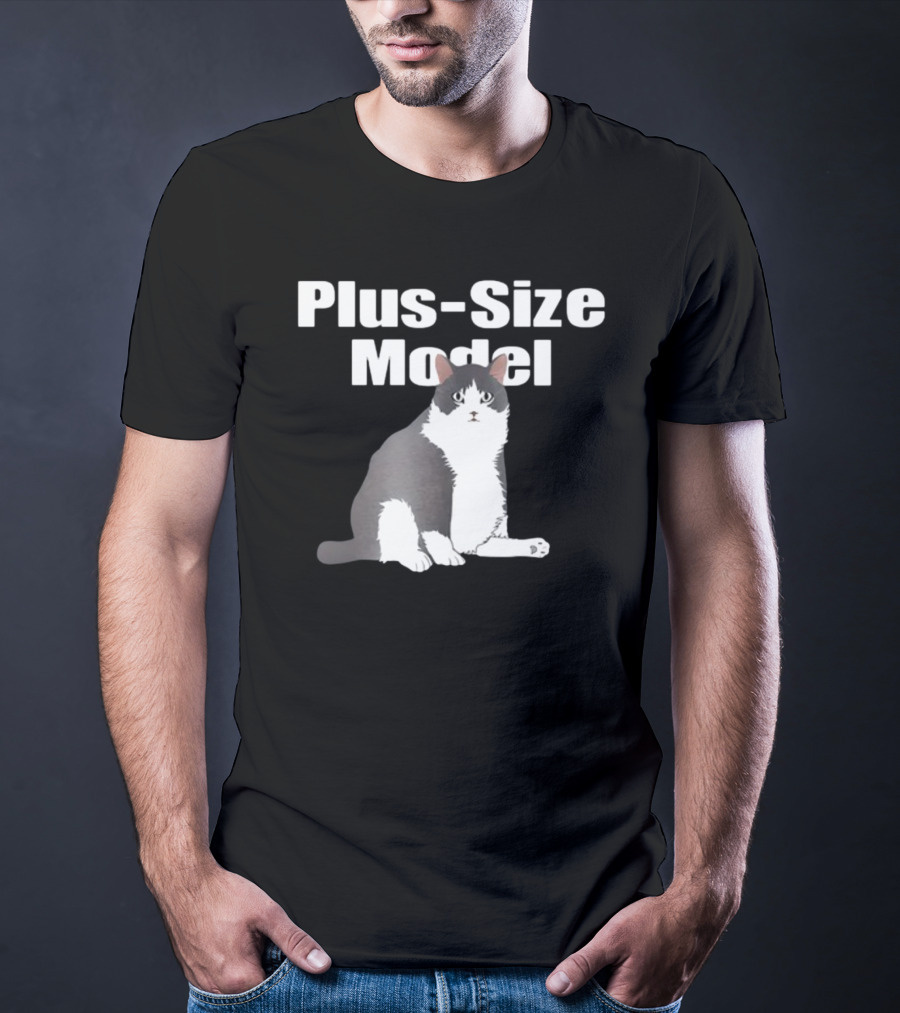 Plus-Size Model Cade Cat White Text Black Background Sitting Gray And White Cat Image T-Shirt
