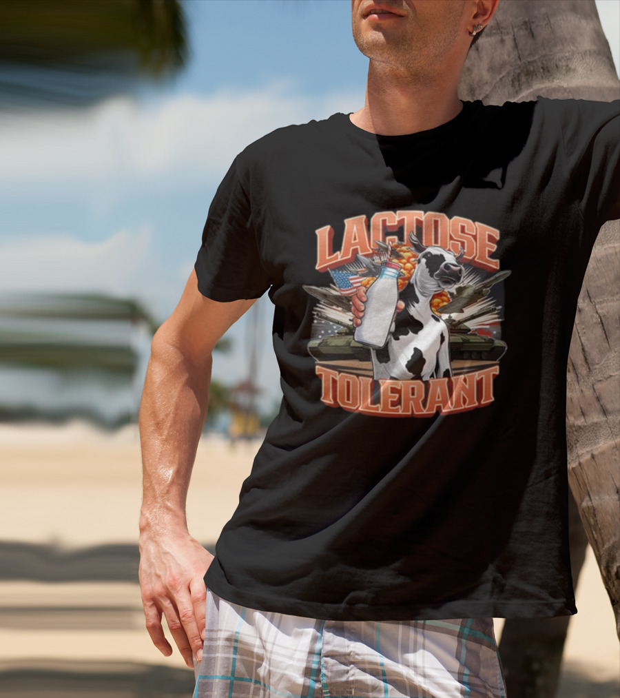 Lactose Tolerant Cow Holding Milk With Explosive Flags And Tanks T-Shirt
