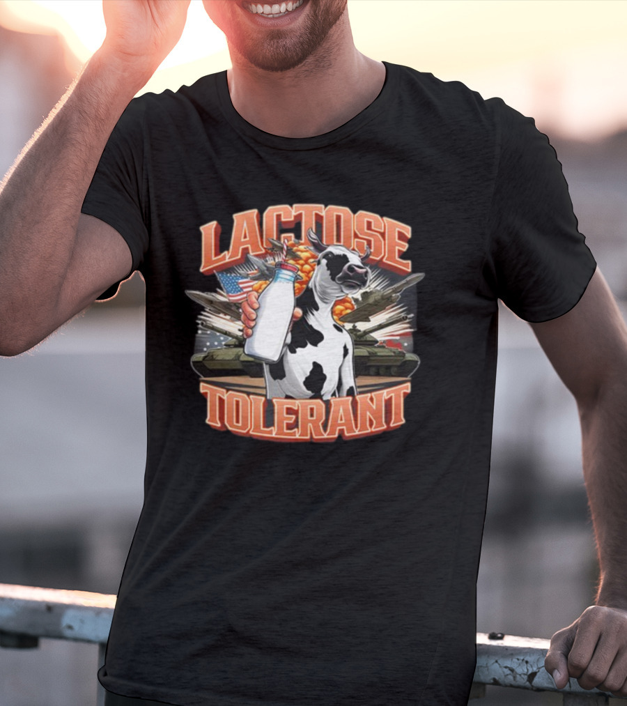 Lactose Tolerant Cow Holding Milk With Explosive Flags And Tanks T-Shirt