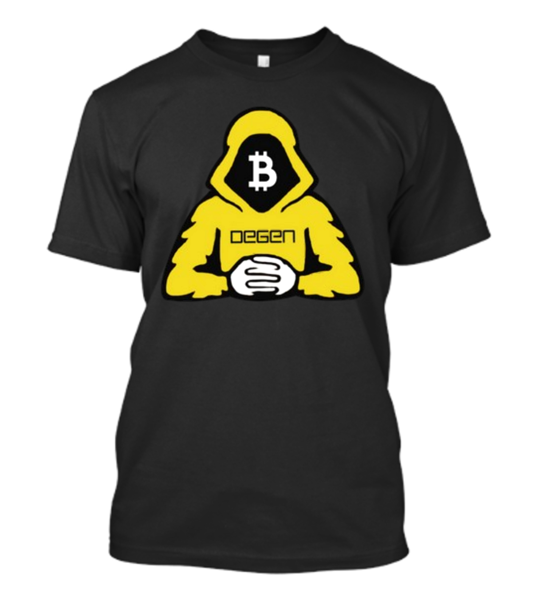 Bitcoin Degen Hooded Figure With Bitcoin Logo And Folded Hands T-Shirt