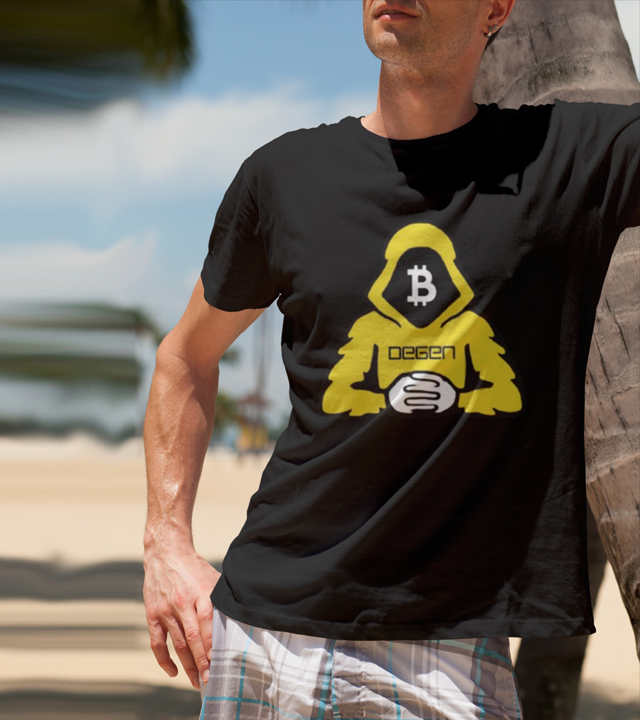 Bitcoin Degen Hooded Figure With Bitcoin Logo And Folded Hands T-Shirt