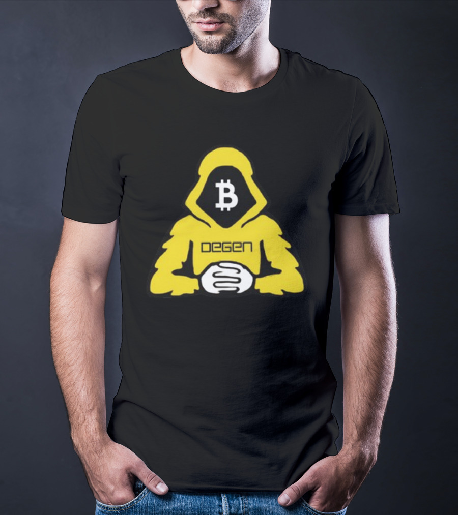Bitcoin Degen Hooded Figure With Bitcoin Logo And Folded Hands T-Shirt