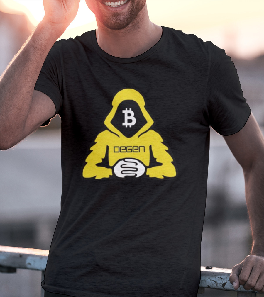 Bitcoin Degen Hooded Figure With Bitcoin Logo And Folded Hands T-Shirt