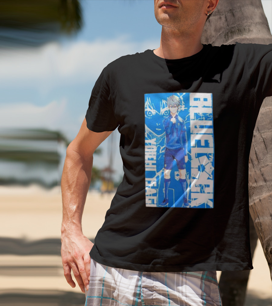 Blue Lock Isagi Yoichi Anime Soccer Character Bold Blue T-Shirt