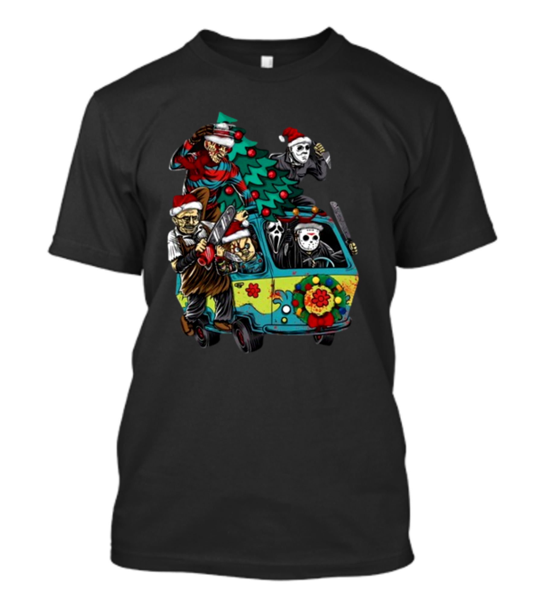 Horror Movie Characters In Christmas Santa Hats With Tree On Fun Van T-Shirt