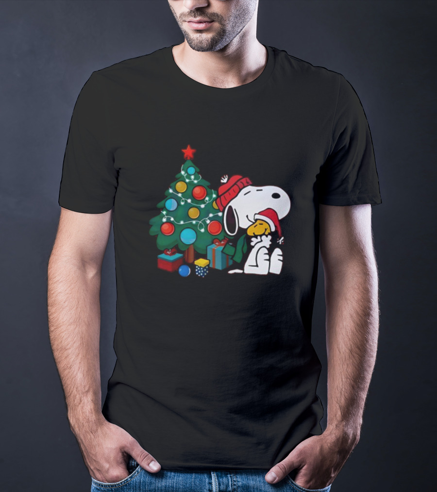 Snoopy And Woodstock Celebrating Christmas By The Tree T-Shirt