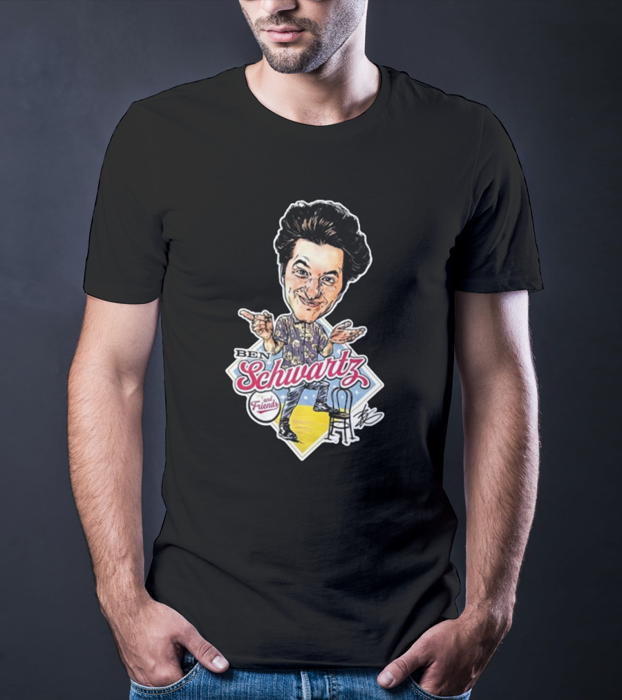 Ben Schwartz Character Illustration With Yellow Stage And Blue Chair T-Shirt