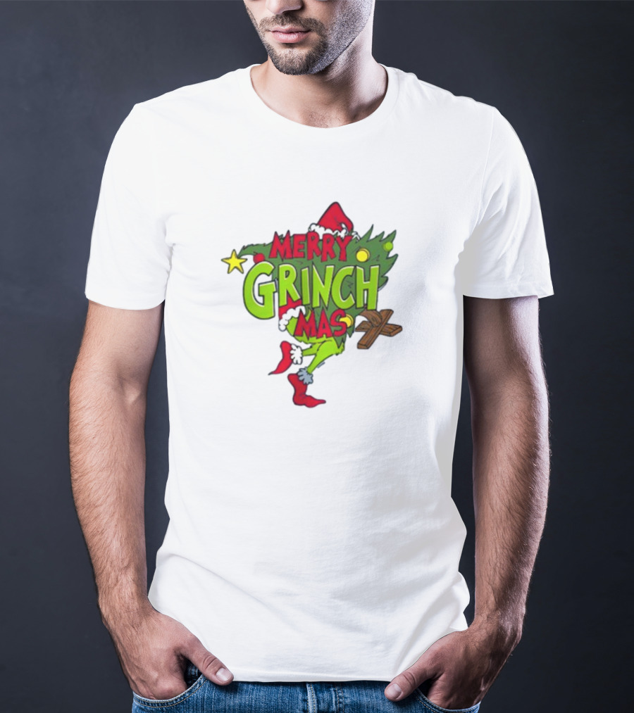 Merry Grinchmas Tree With Santa Hat And Holiday Decorations T-Shirt