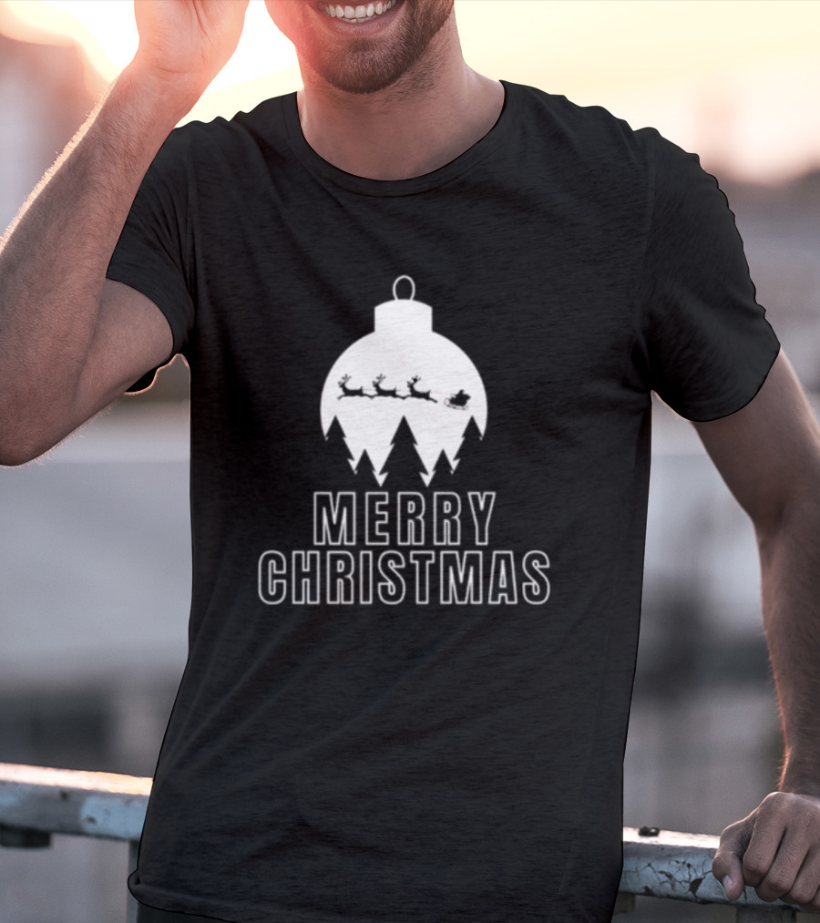 Merry Christmas Ornament Reindeer Sleigh And Trees T-Shirt