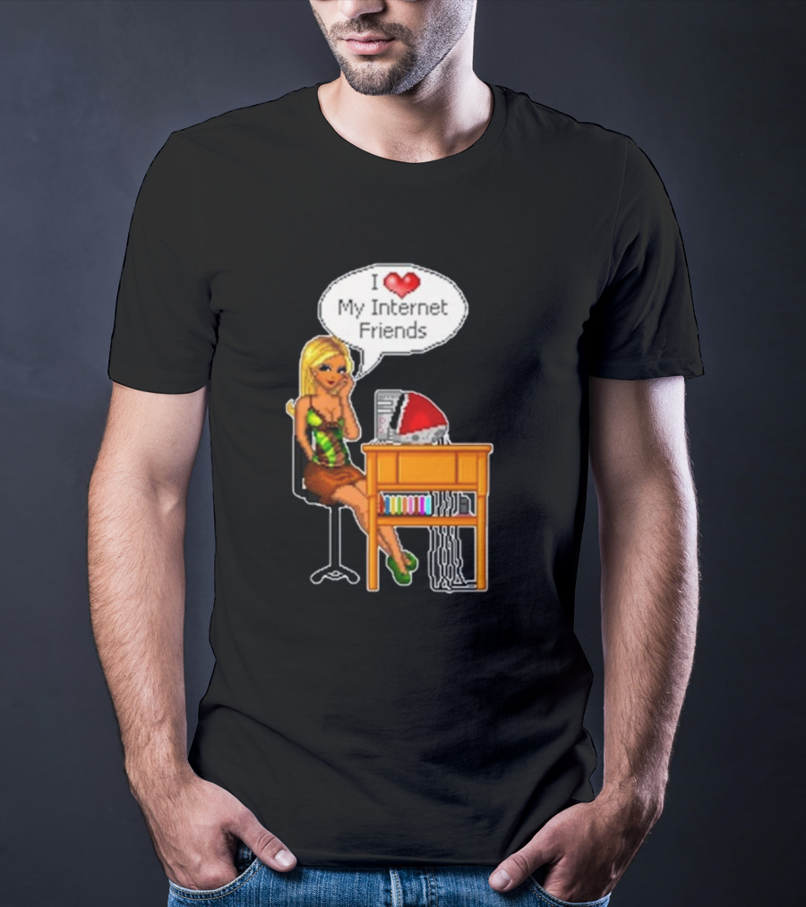 Cherrykitten I Love My Internet Friends Y2K Vintage Blonde Girl At Desk Pixel T-Shirt