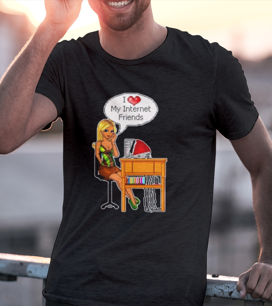 Cherrykitten I Love My Internet Friends Y2K Vintage Blonde Girl At Desk Pixel T-Shirt