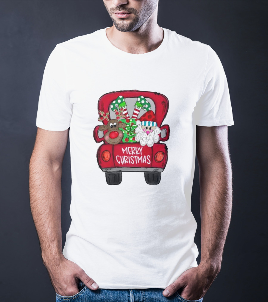 Merry Christmas Santa And Reindeer With Presents In Truck T-Shirt