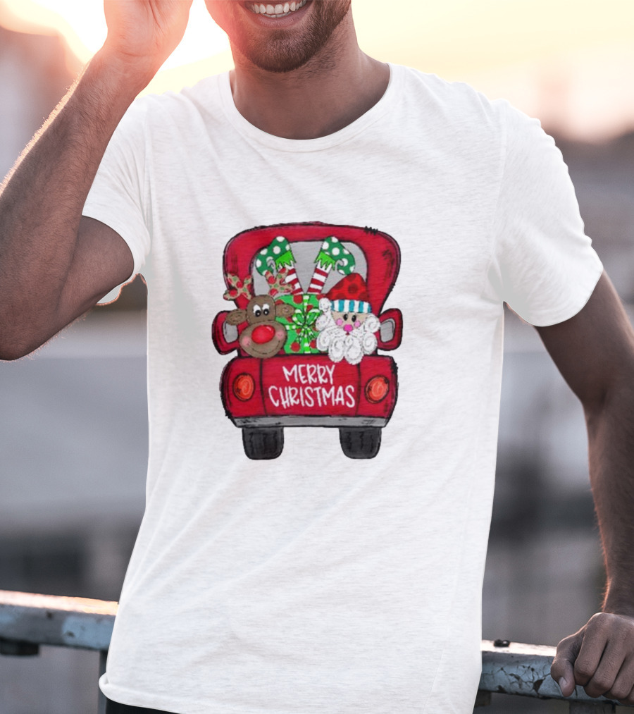 Merry Christmas Santa And Reindeer With Presents In Truck T-Shirt