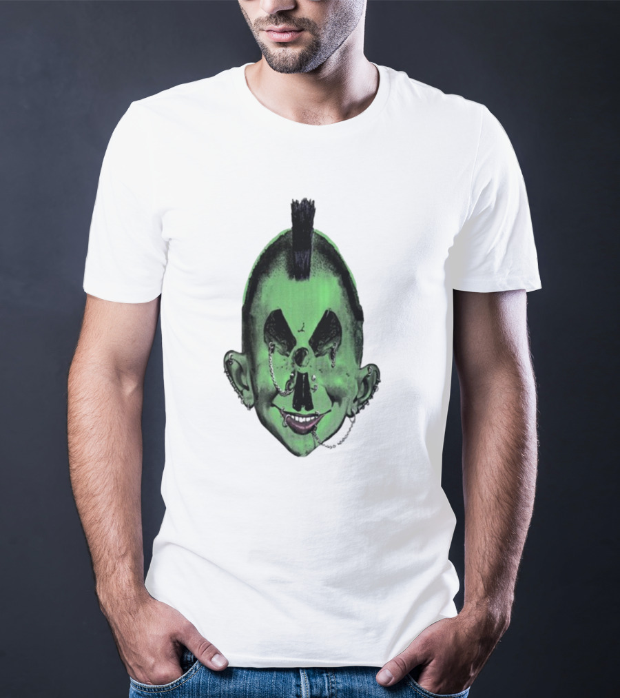 Willy Warhol Green Punk Face Mohawk Piercings T-Shirt