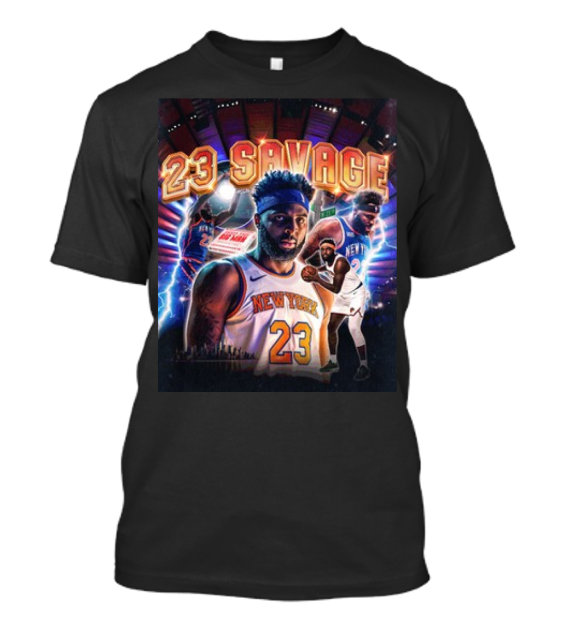 New York Knicks 23 Savage Mitchell Robinson Stadium Lightning Background T-Shirt