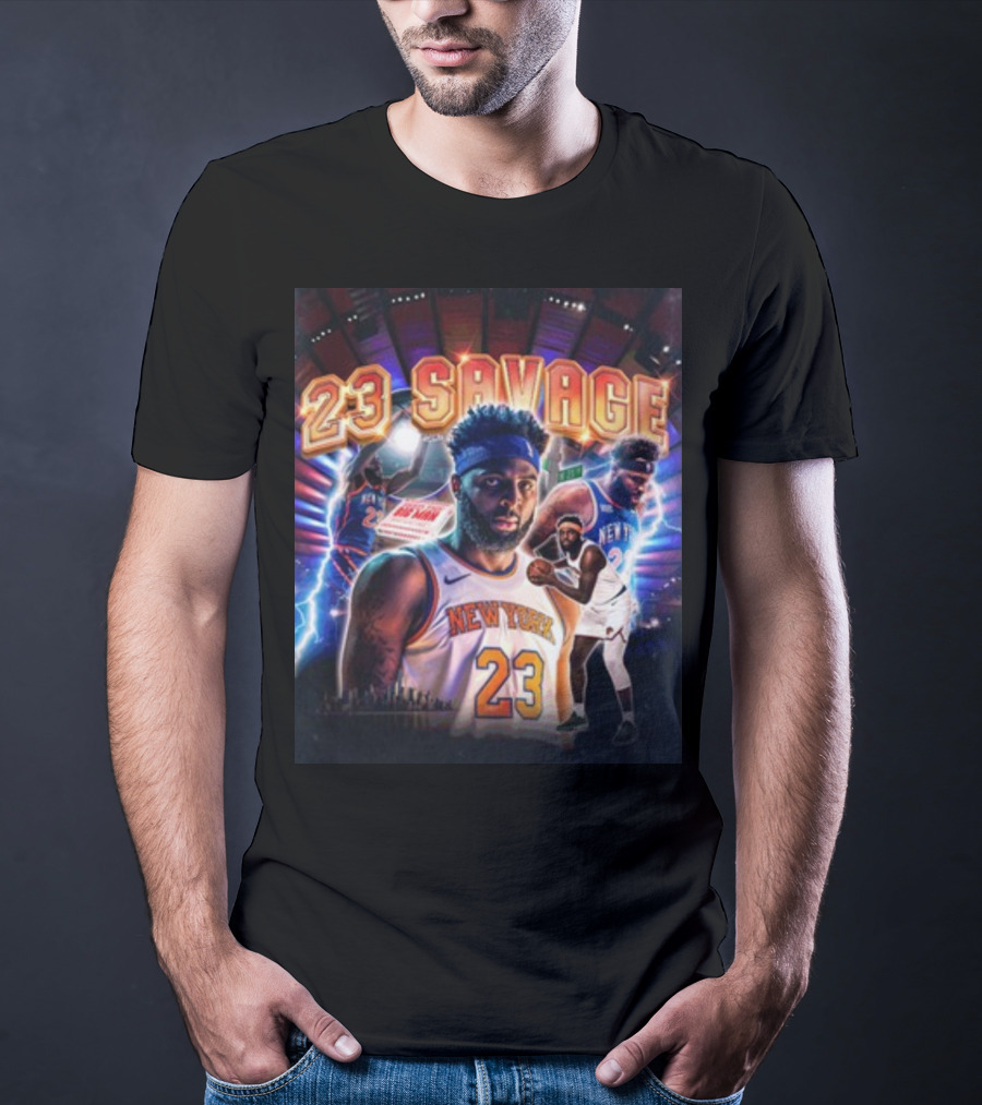 New York Knicks 23 Savage Mitchell Robinson Stadium Lightning Background T-Shirt