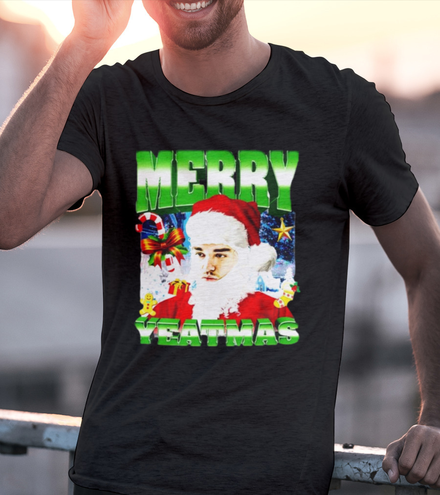 Memeabletees Merry Yeatmas Santa Claus Candy Canes And Snowflakes T-Shirt