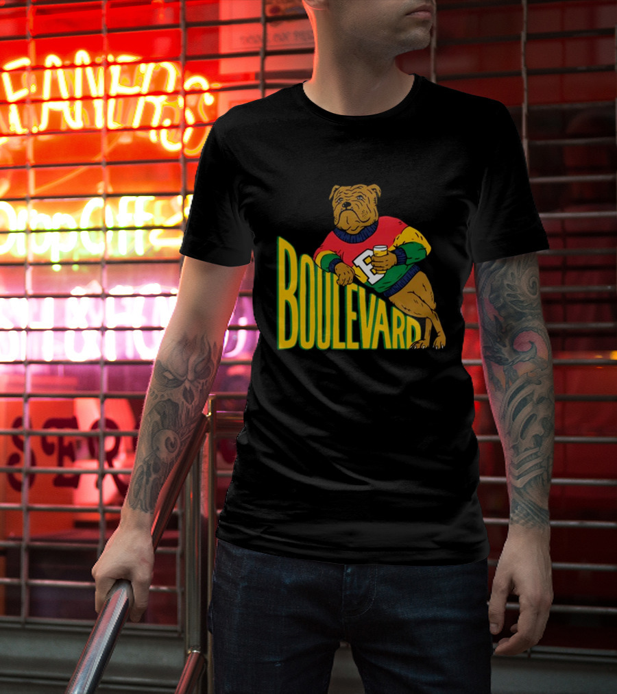 Boulevard Bully Dog In Colorful Sweater Holding Drink T-Shirt