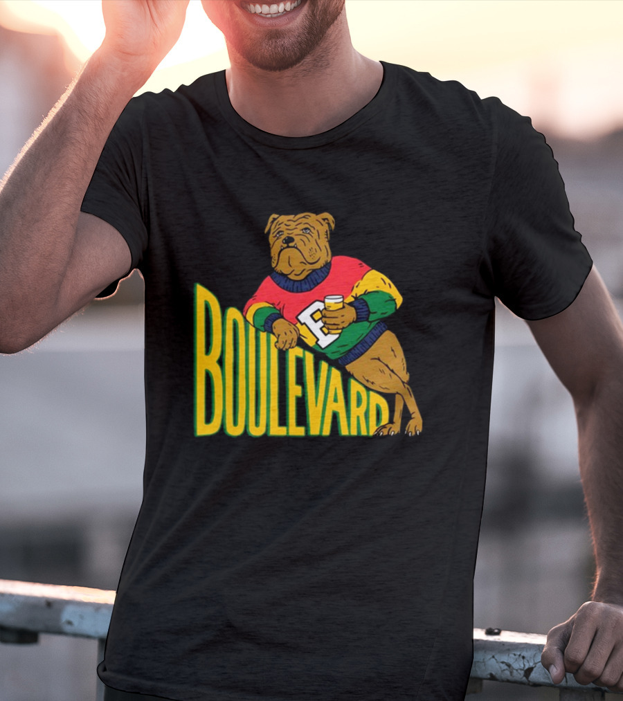 Boulevard Bully Dog In Colorful Sweater Holding Drink T-Shirt