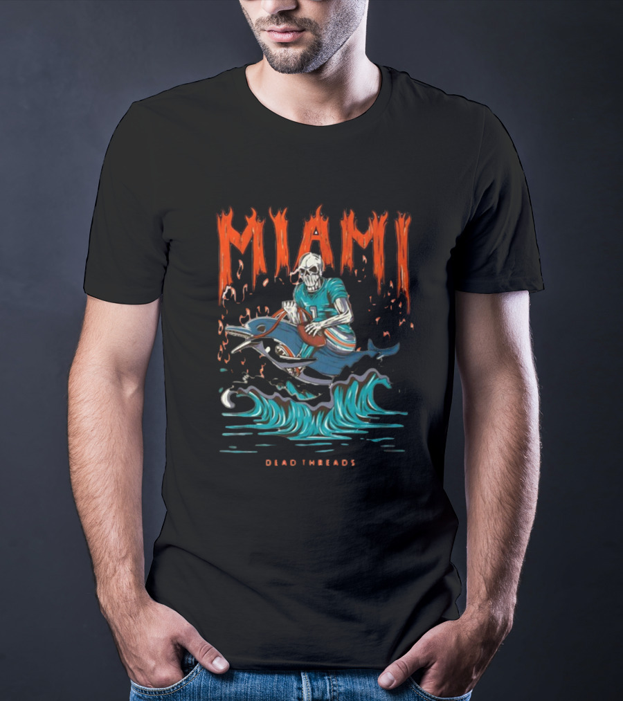 MIAMI Dead Threads Skeleton Surfer On Dolphin Football Adventure T-Shirt