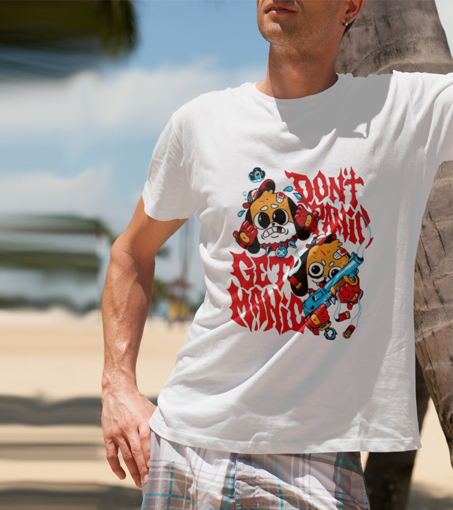 Don't Panic Get Manic Cartoon Characters With Colorful Styling And Playful T-Shirt