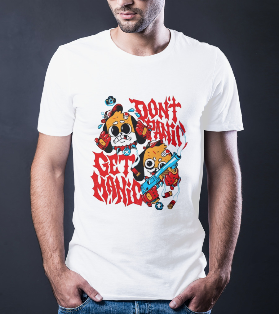 Don't Panic Get Manic Cartoon Characters With Colorful Styling And Playful T-Shirt
