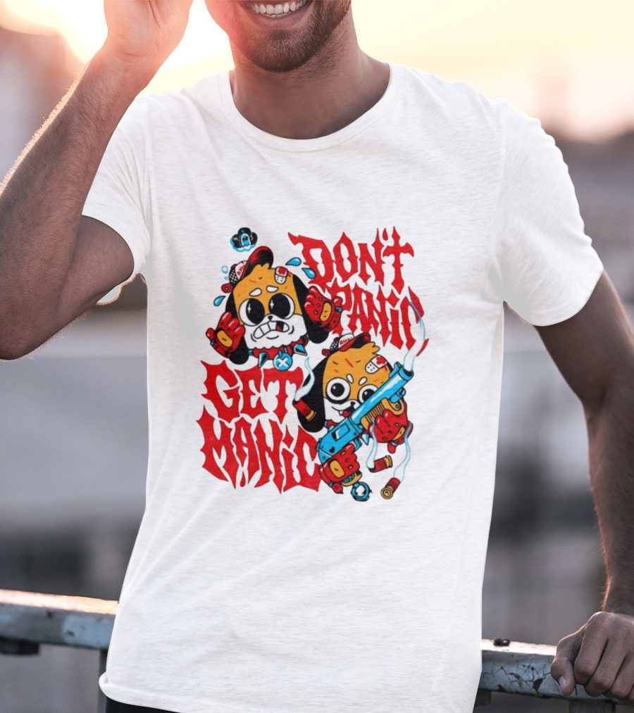 Don't Panic Get Manic Cartoon Characters With Colorful Styling And Playful T-Shirt
