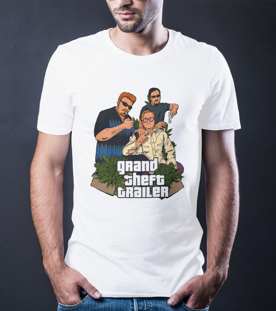 Grand Theft Trailer Cannabis Comedy Trio With Sunglasses And Pistol T-Shirt