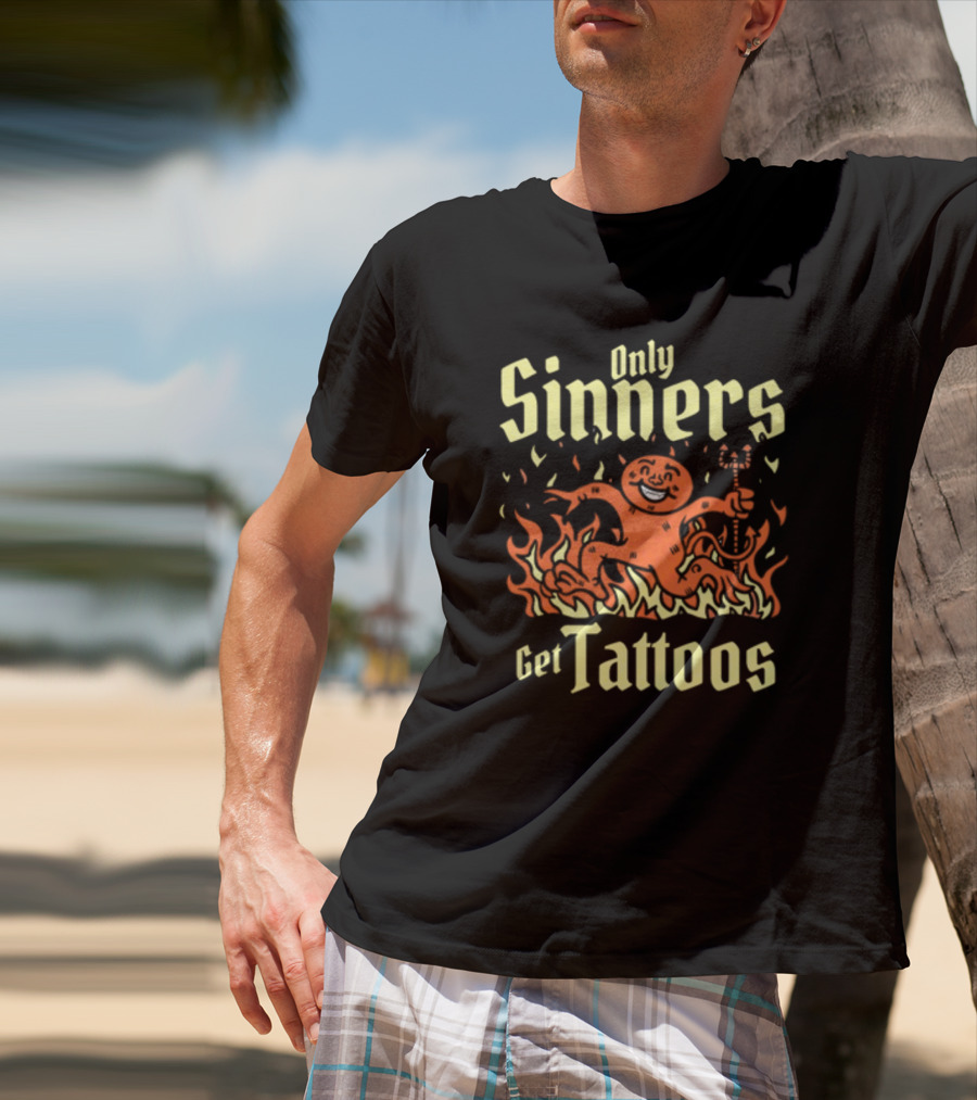 Gotfunny Only Sinners Get Tattoos Gingerbread Devil In Flames T-Shirt