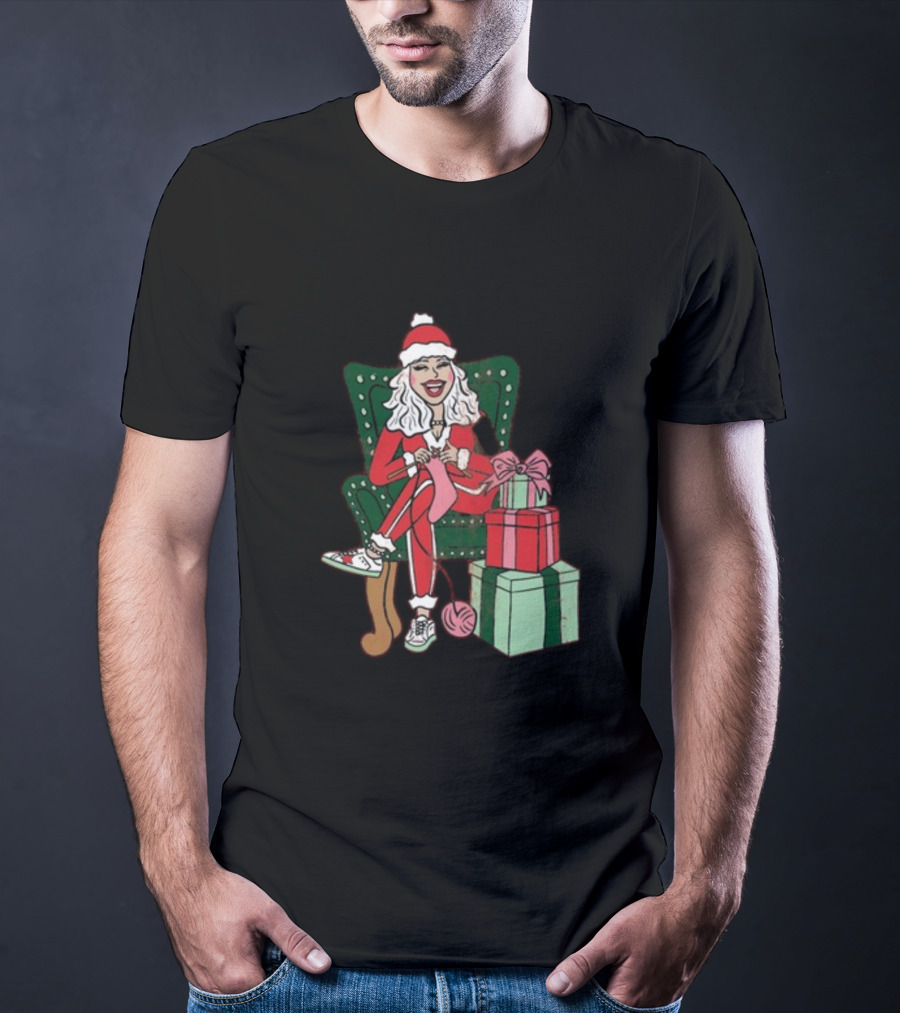 Fleece Navidad Merry Christmas Santa Woman Knitting Presents T-Shirt