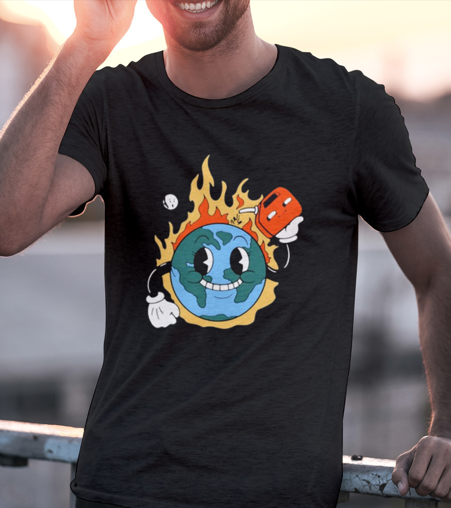 World On Fire Earth Cartoon Holding Gas Can Burning T-Shirt