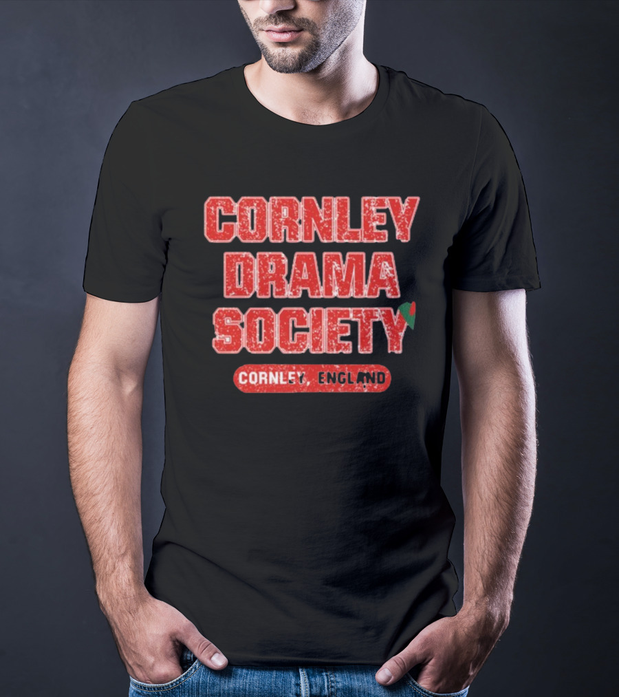 Cornley Drama Society England Red Distressed Text With Holly Leaf T-Shirt