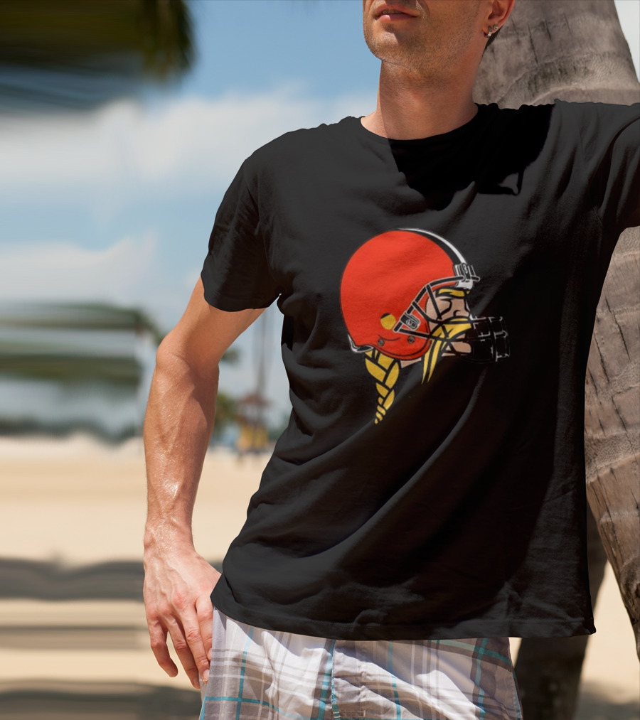 Vikings Helmet Featuring Browns Colors And Iconic Braided Warrior T-Shirt