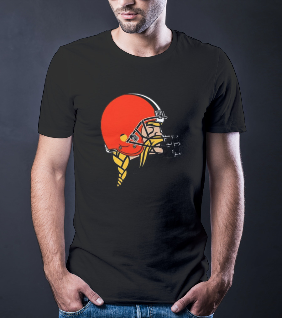 Vikings Helmet Featuring Browns Colors And Iconic Braided Warrior T-Shirt