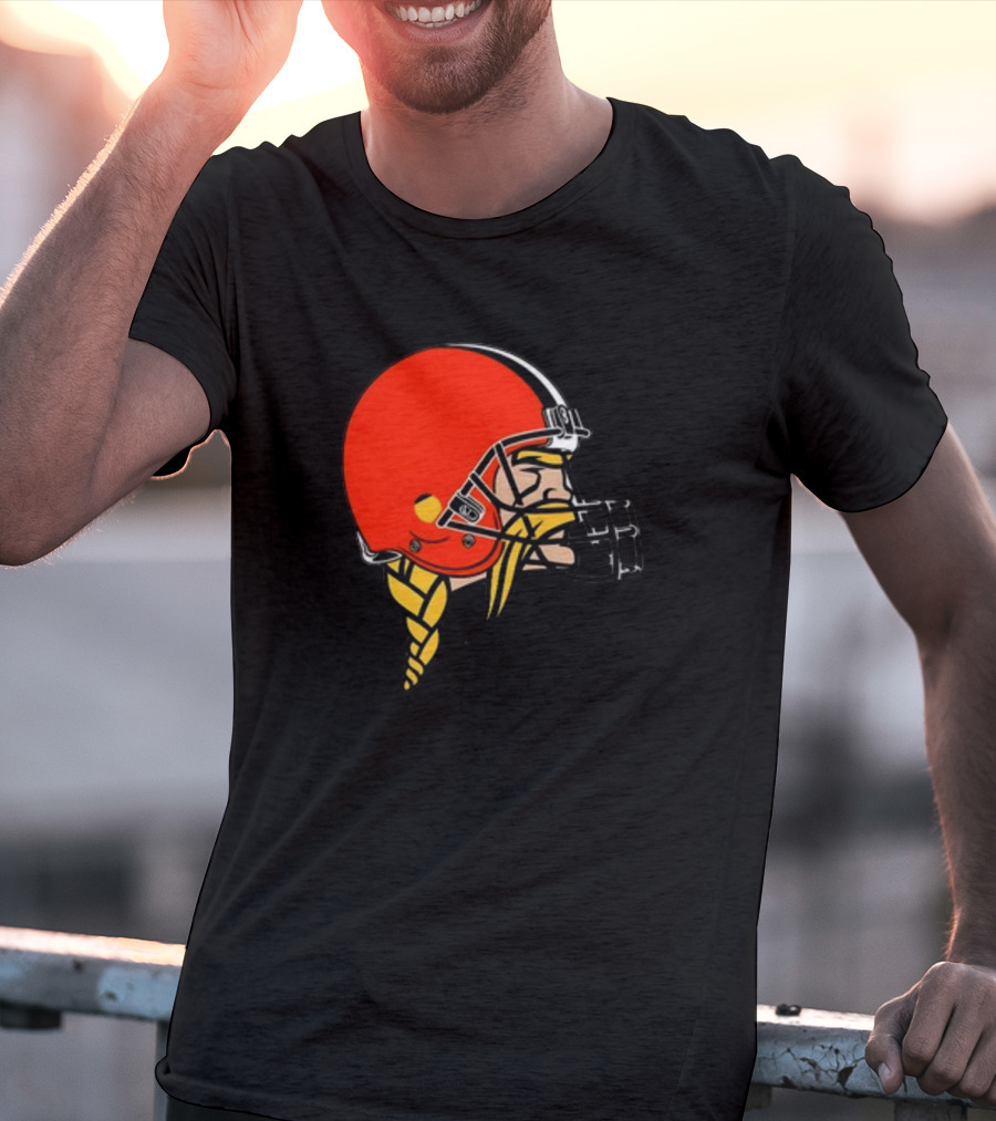 Vikings Helmet Featuring Browns Colors And Iconic Braided Warrior T-Shirt