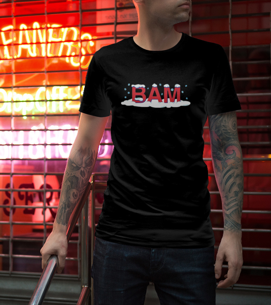 Bam Snow Red Letters With Snowflakes And Clouds T-Shirt