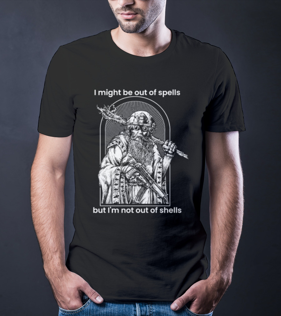 Samwise7rpg I Might Be Out Of Spells But I'm Not Out Of Shells Wizard Holding Shotgun And Staff T-Shirt