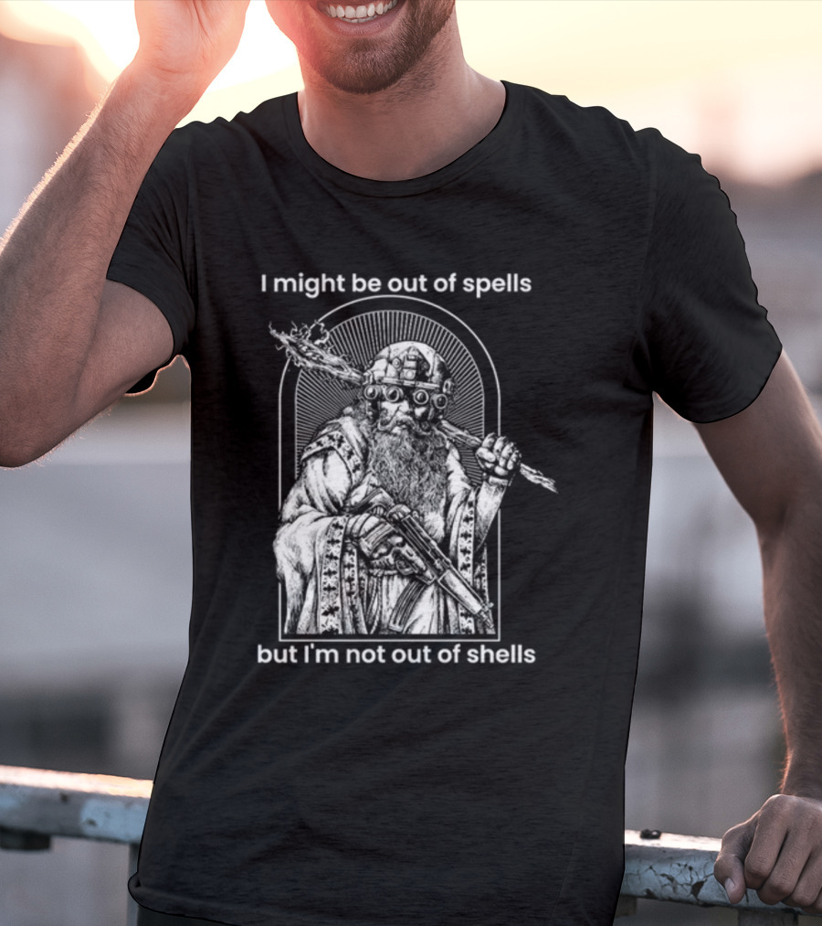 Samwise7rpg I Might Be Out Of Spells But I'm Not Out Of Shells Wizard Holding Shotgun And Staff T-Shirt