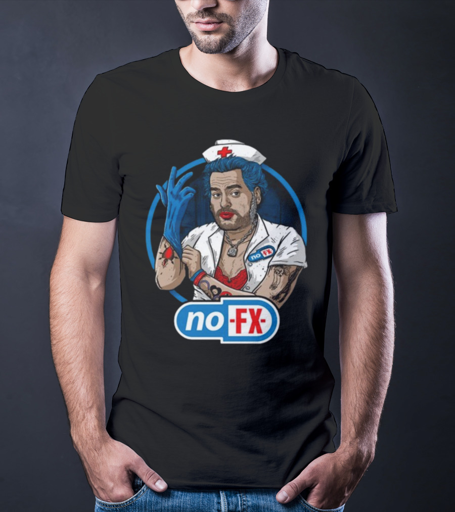 NOFX Blue Haired Nurse Mike Character In Red Lingerie With Tattoos And Blue Glove T-Shirt