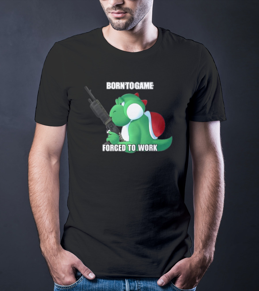 Born To Game Forced To Work Green Dinosaur Headphones Gaming Character T-Shirt